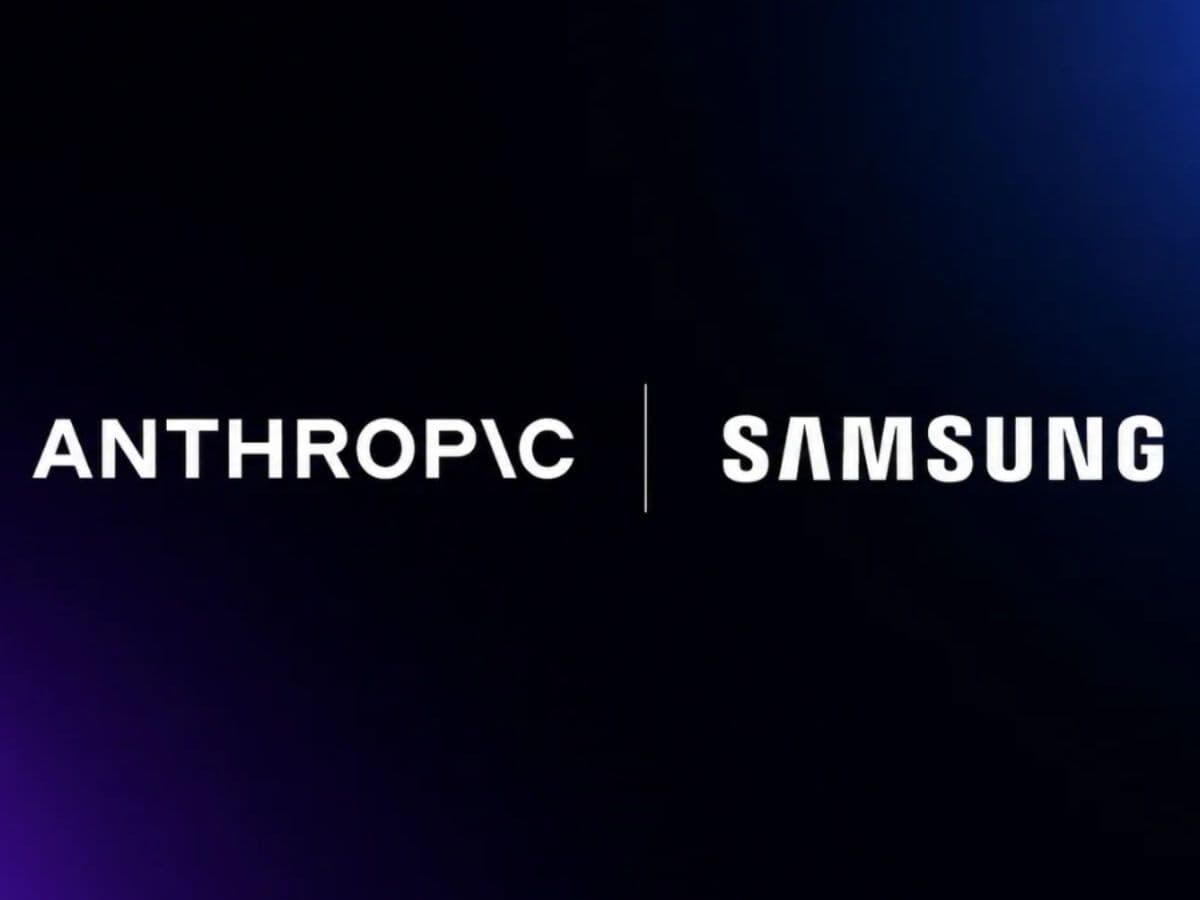 Anthropic- og Samsung-logoene side om side på mørk bakgrunn