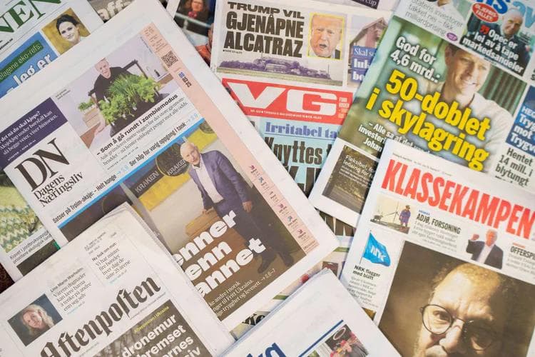 Utvalg av norske papiraviser, blant dem VG, Dagens Næringsliv og Aftenposten