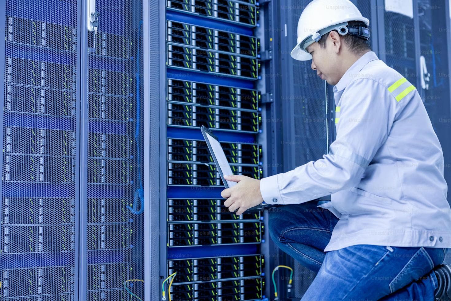 Tekniker med hjelm inspiserer serverrack i et datasenter