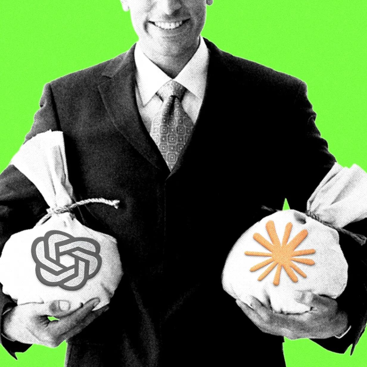 Fotomontasje av mann i dress som holder to pengesekker med OpenAI- og Anthropic-logoene