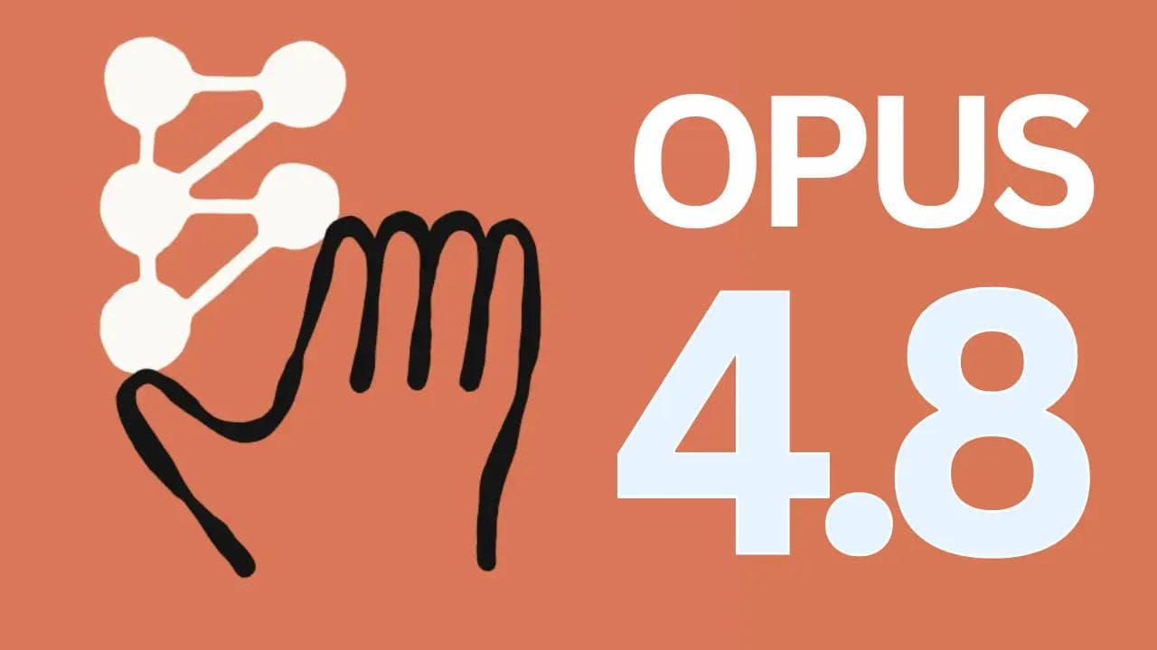 Oransje grafikk med teksten Opus 4.8 og en tegnet hånd